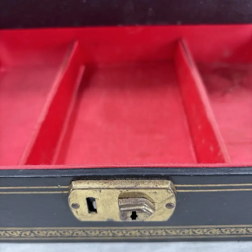 Vtg 2 Tier Jewelry Box Black Leathette Gold Stars Celestial 14x8.5